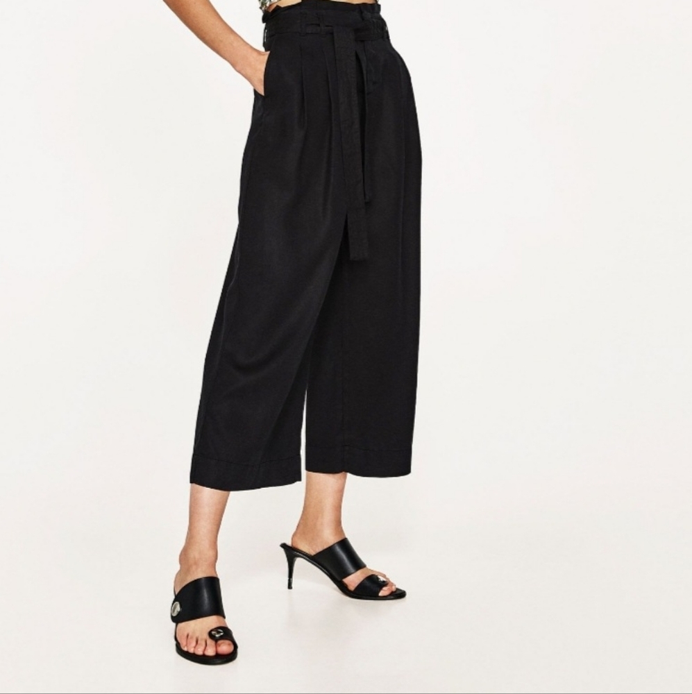 Zara Trafaluc Gaucho Pant With Pockets, Wide Leg Cropped Slacks in Black - Picture 8 of 8